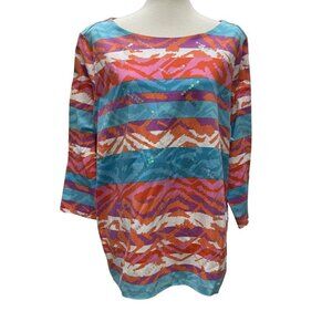 Ruby Rd Womens 2X Top Shirt Artsy 3/4 Sleeve Embellished Sequins Boat Neck Knit